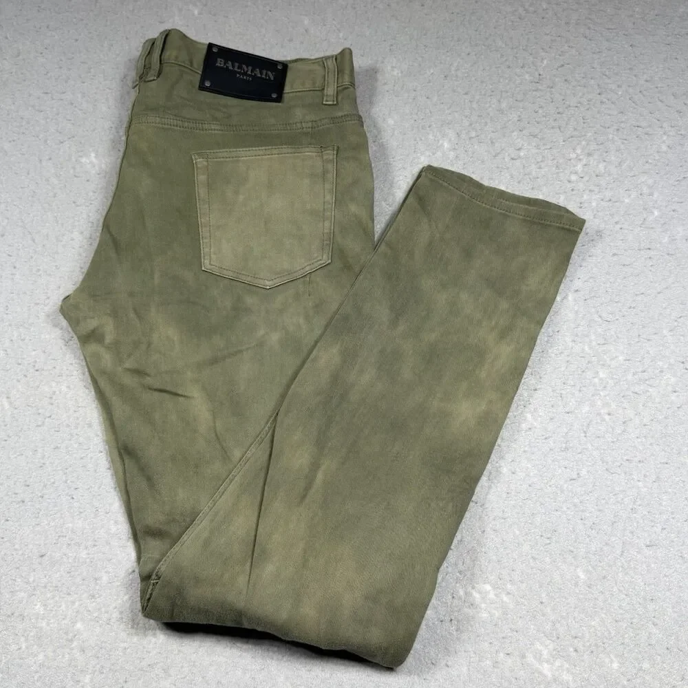 Balmain Paris Biker Moto Jeans Men’s 34 Olive Green Motorcycle Made In Japan